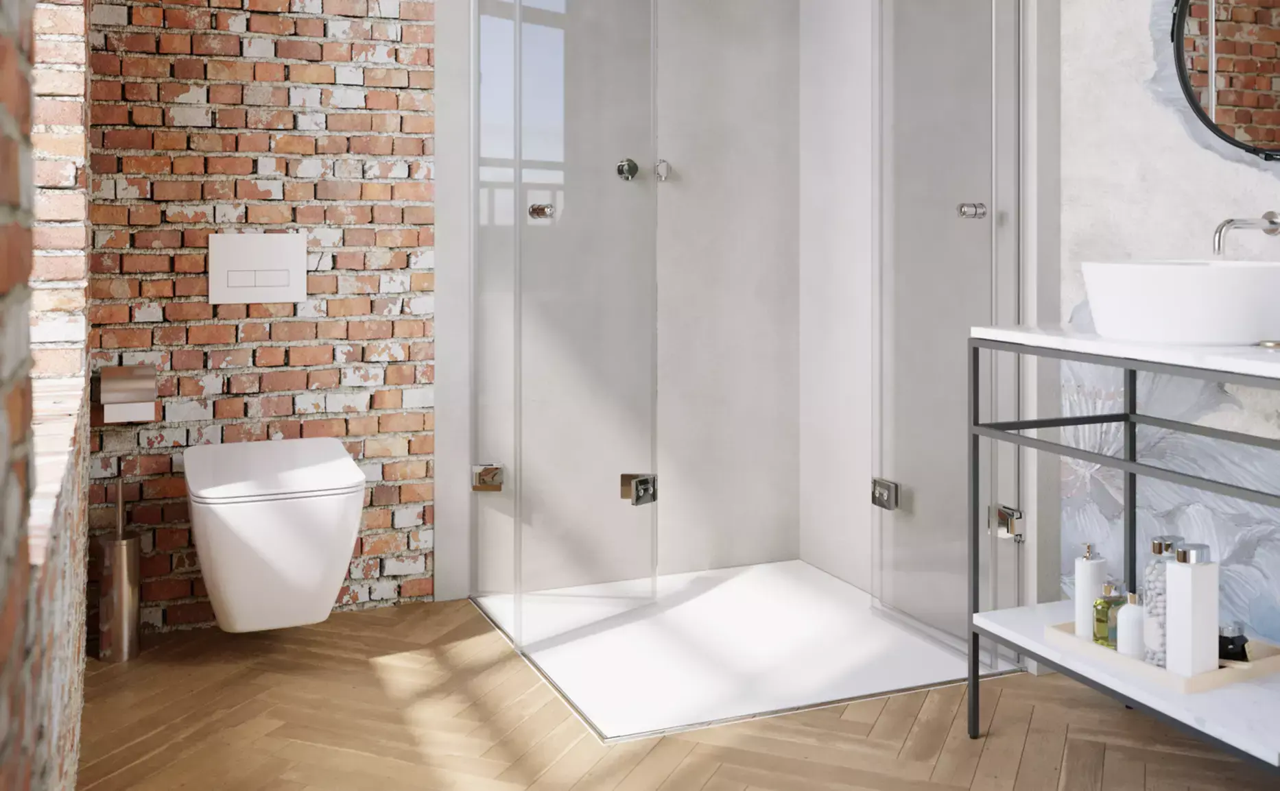 Bad mit bodengleicher Dusche und Backsteinwand. Salle de bain avec douche au sol et mur en brique.