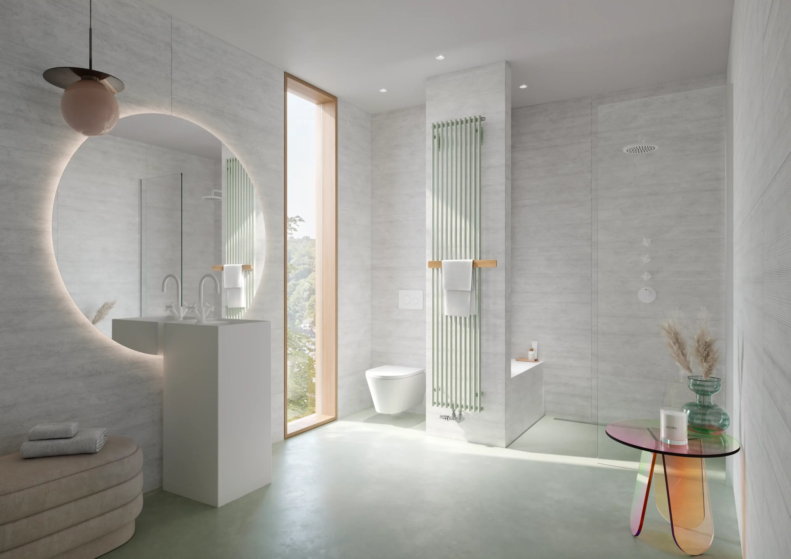 Helles Bad mit grünem Heizkörper und Glaswand. Salle de bain claire avec radiateur vert et paroi verre.