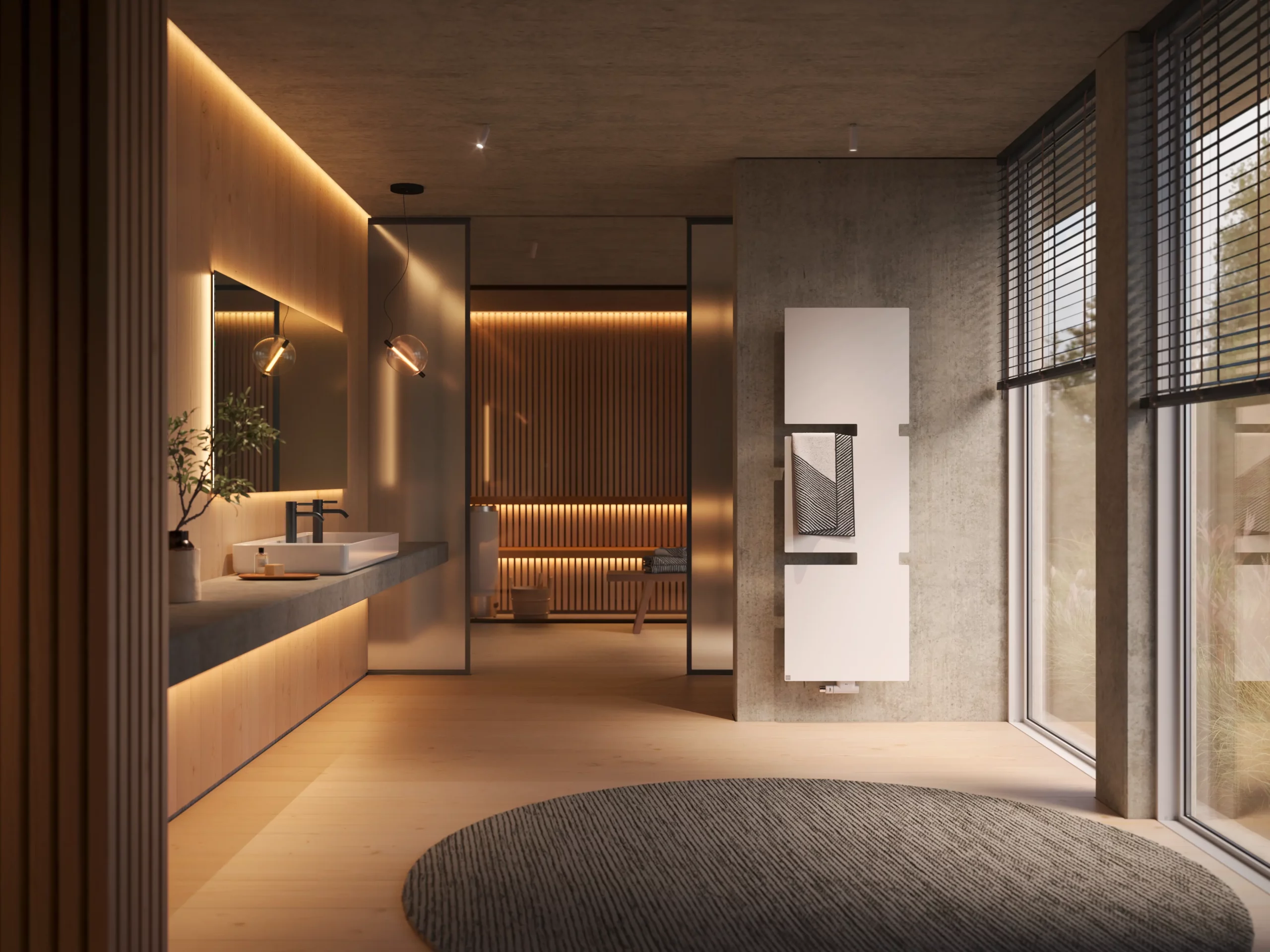 Bad mit Holz, Betonoptik und weißem Heizkörper. Salle de bain bois et béton avec radiateur blanc.