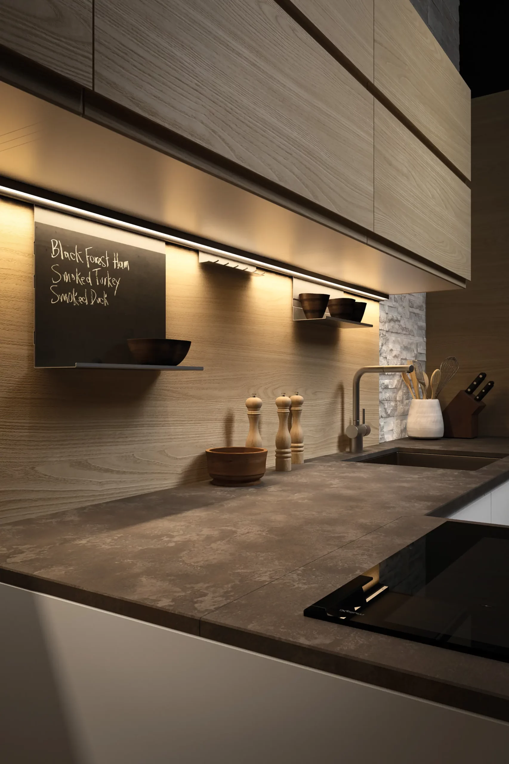 Moderne Küche mit warmem LED-Licht unter Hängeschränken. Cuisine moderne avec éclairage LED chaud sous les armoires.