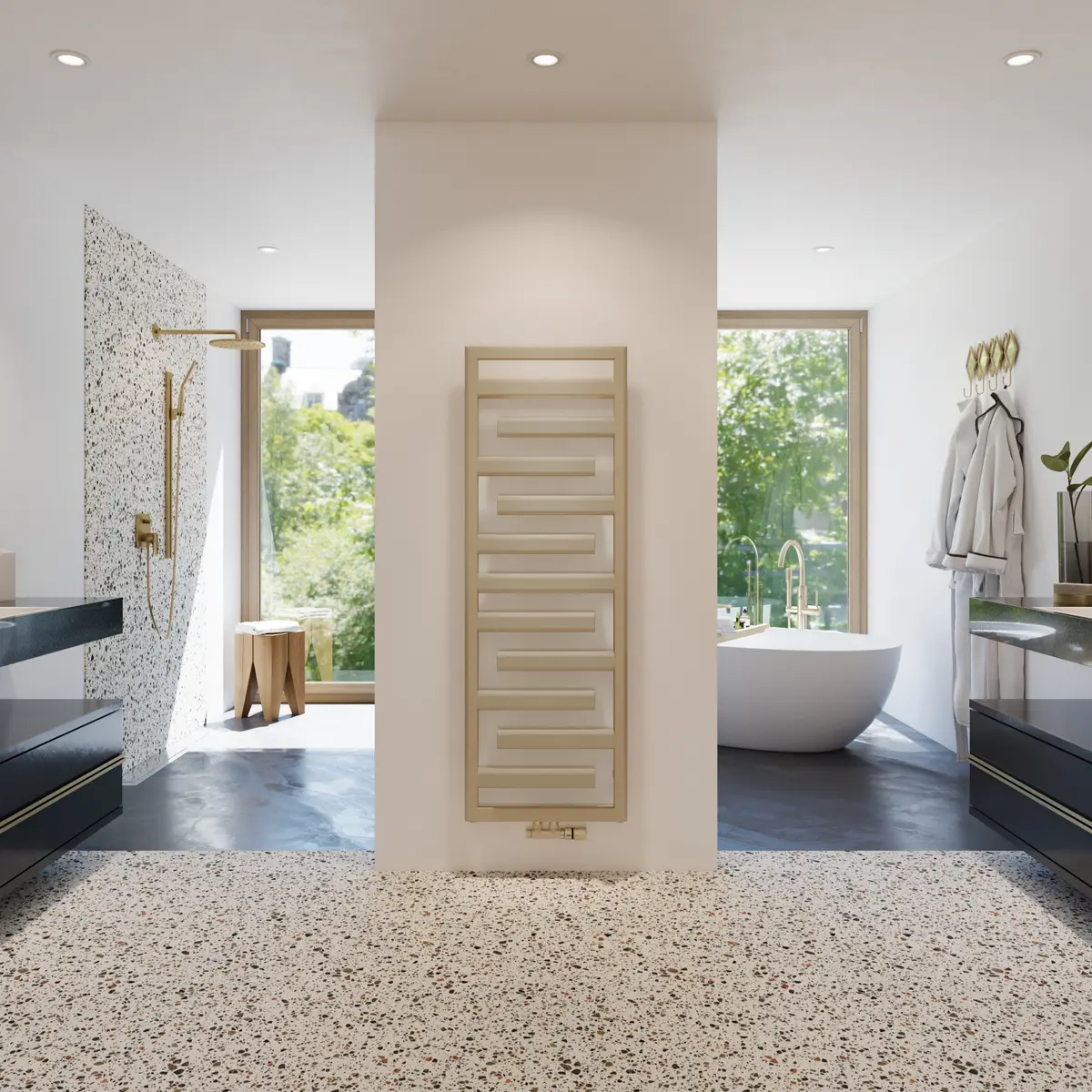 Modernes Bad mit goldenem Heizkörper und Tageslicht. Salle de bain moderne avec radiateur doré et lumière.